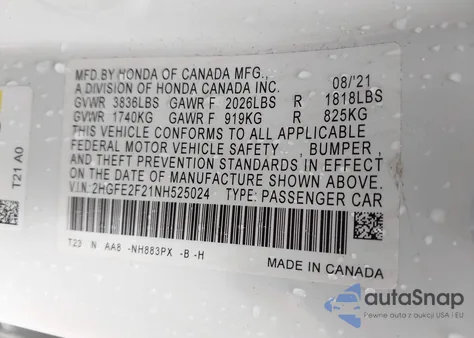 2022 Honda Civic Lx from USA, damaged, VIN 2HGFE2F21NH525024